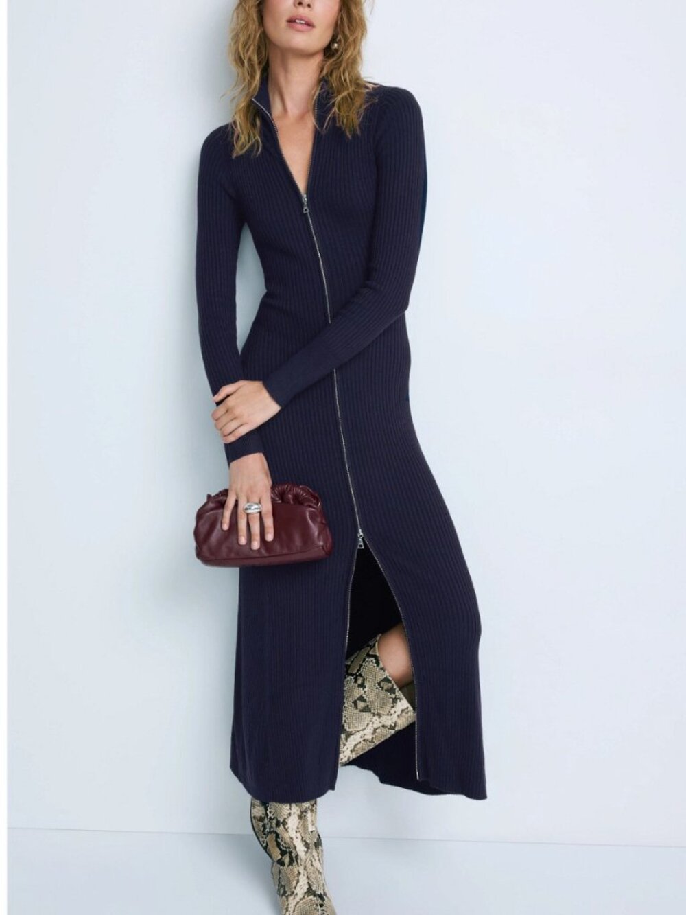 Modern Citizen Janne Ribbed Two-Way Zip Sweater Dress Long Ribbed Maxi Dress
